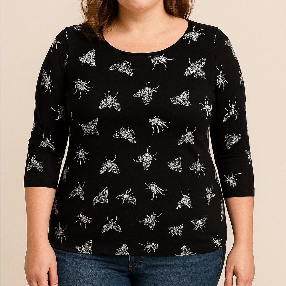 ES-SE Plus USA Womens Top Butterfly Textured Print Size  2X Black White Coquette